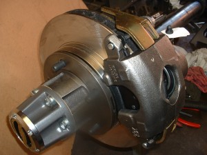 front view of complete disc brake assembly mounted